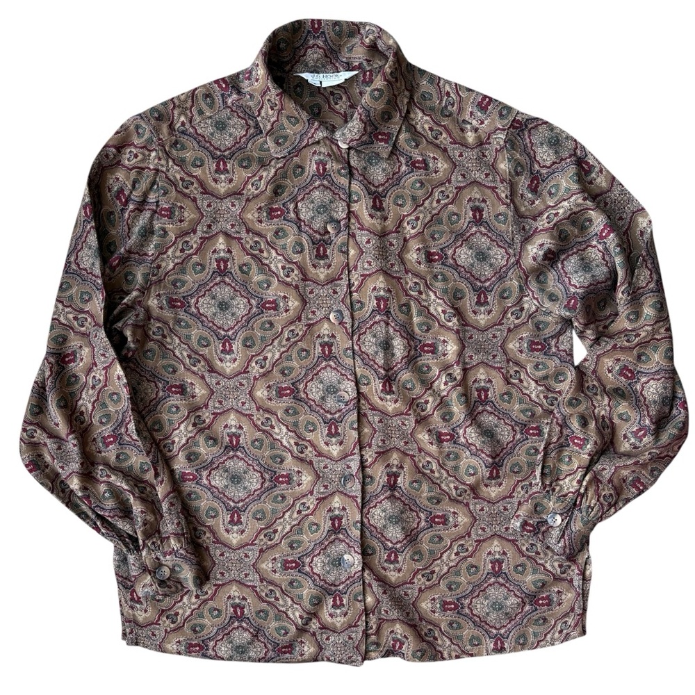 Vintage J.G. Hook Floral Paisley Pattern Blouse Size 8 Brown & Burgundy